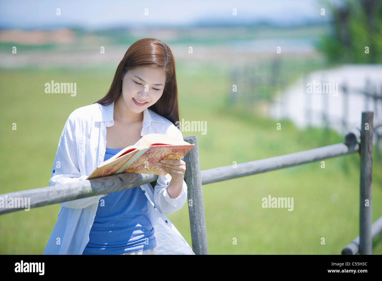 Donna leggere un libro di appoggiarsi contro la recinzione Foto Stock