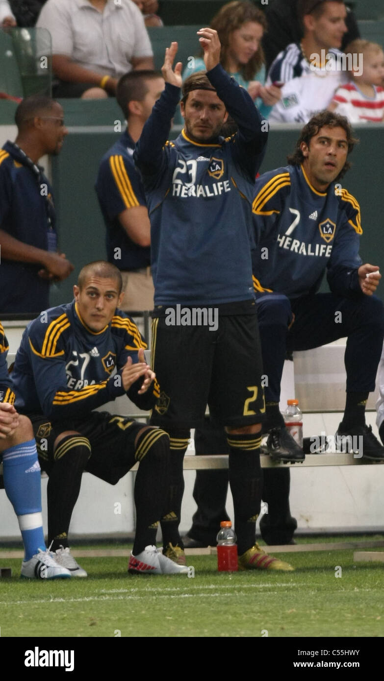 DAVID BECKHAM CELEBRA BRIAN PERK pena salvare per Galaxy la galassia della LA V SIRENE DI SEATTLE MLS CARSON LOS ANGELES CALIFORNIA Foto Stock