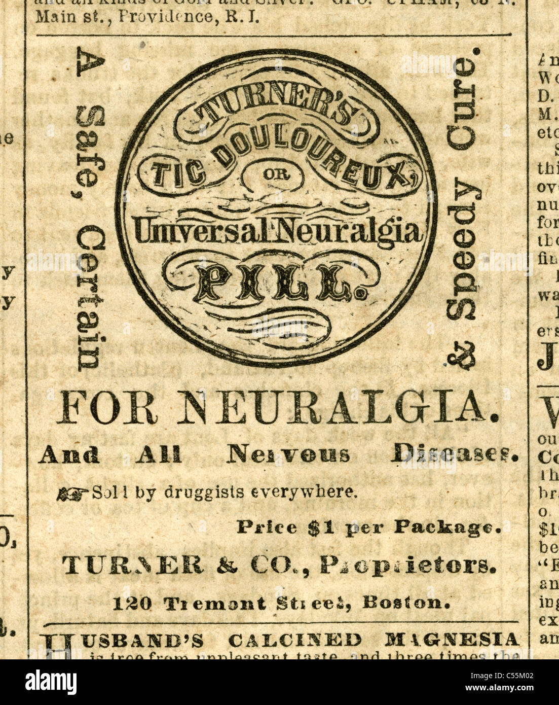 1867 incisione, Turner nevralgia universale pillola per tutte le malattie nervose 120 Tremont San, Boston, Massachusetts. Foto Stock