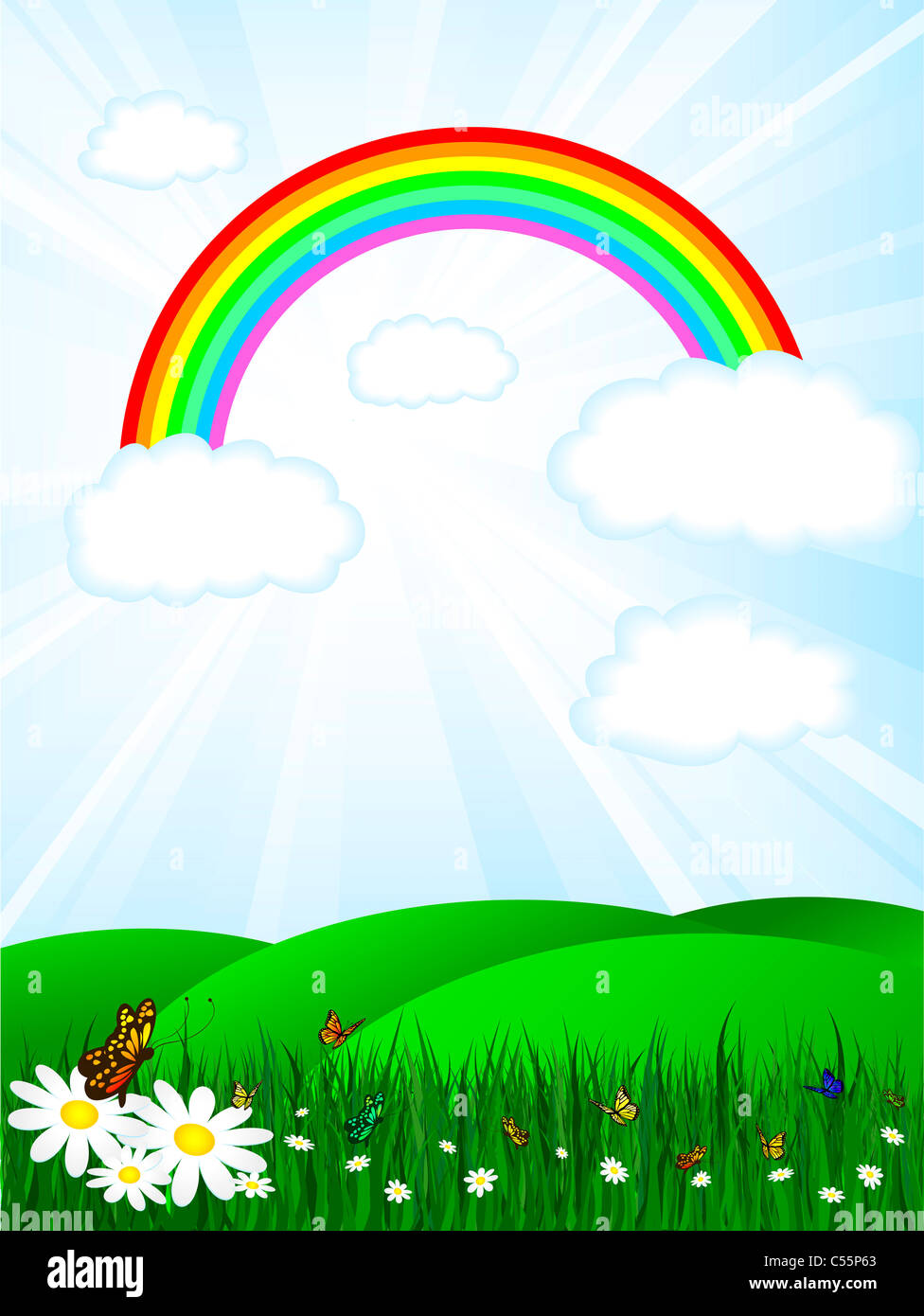 Paesaggio soleggiato con cielo arcobaleno e farfalle Foto Stock