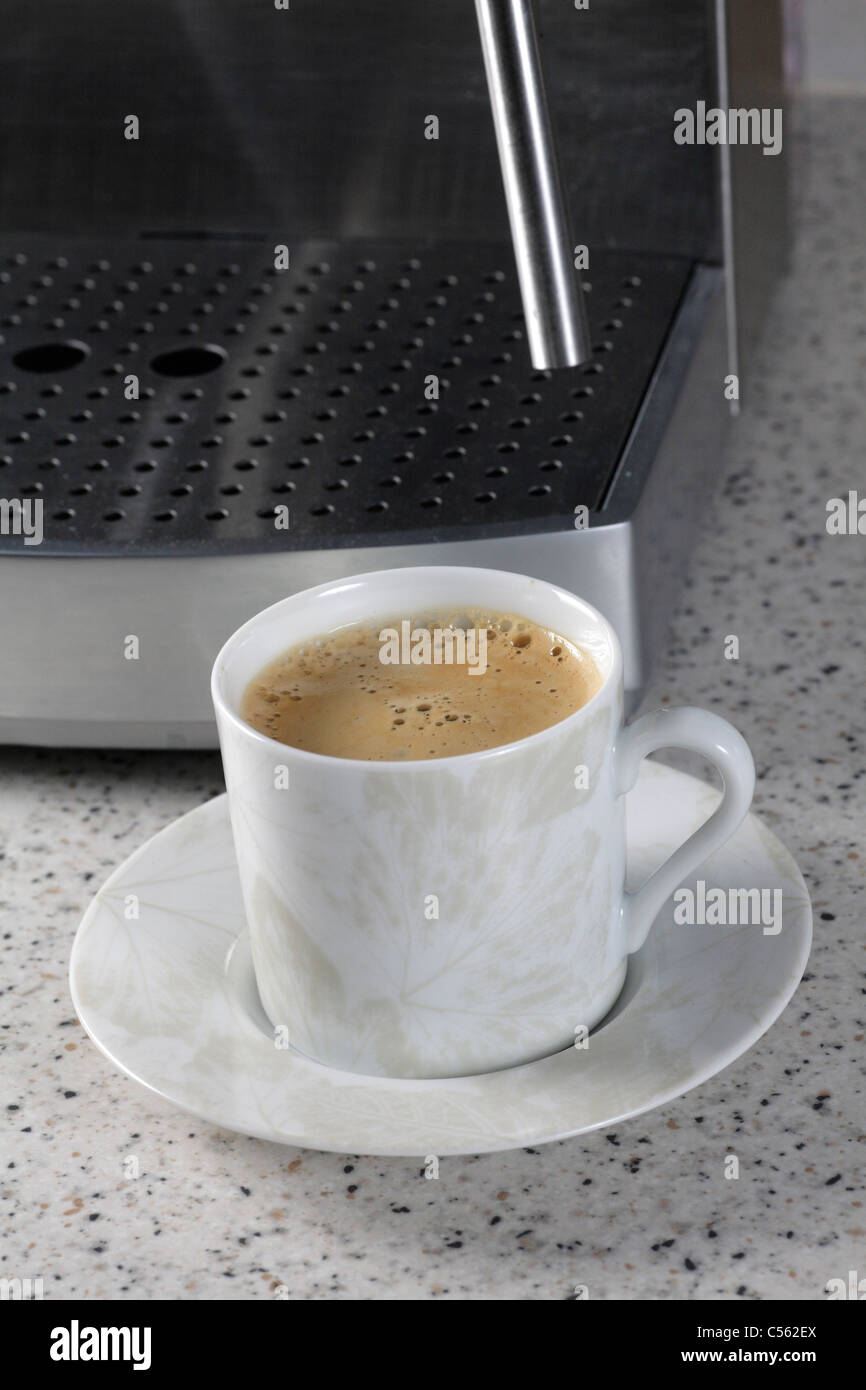 Acciaio inossidabile casa espresso caffè espresso con lancia vapore e preparata di fresco di tazza di caffè nero con schiuma di crema Foto Stock