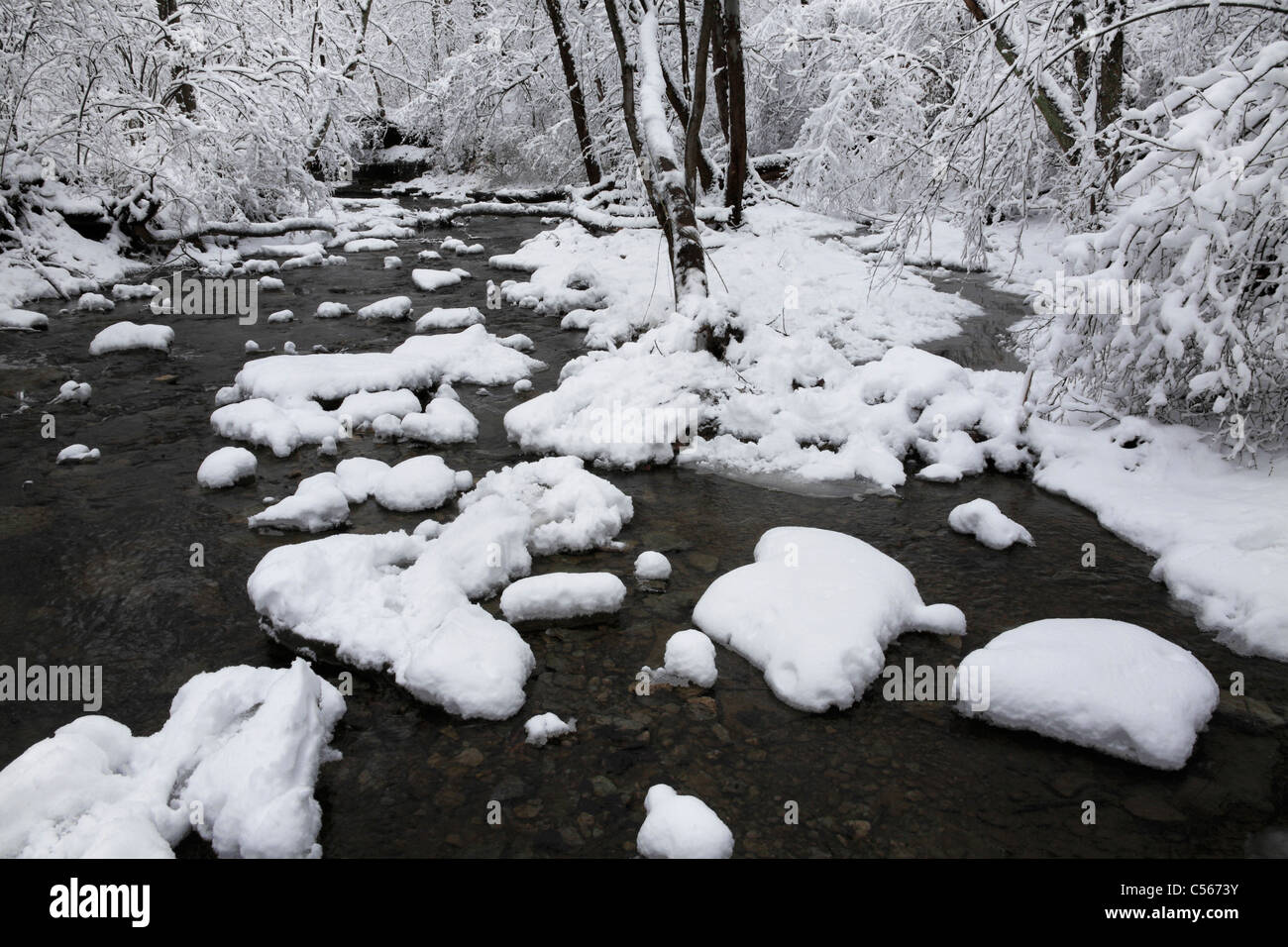 Una coperta di neve Little Creek In inverno, Keehner Park, Southwestern Ohio, Stati Uniti d'America Foto Stock