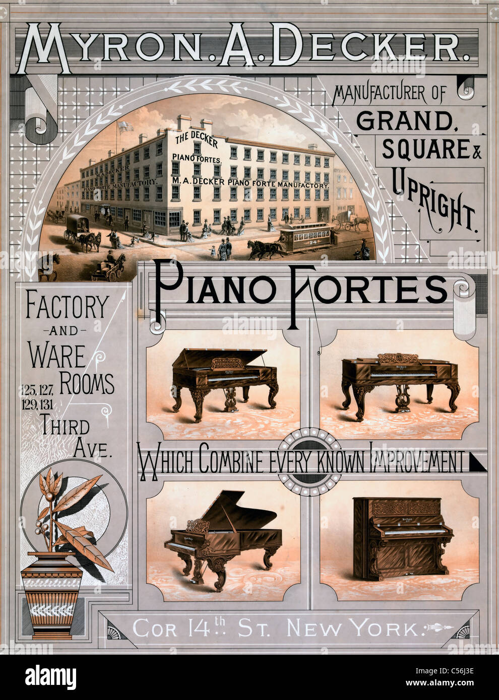 Myron A. Decker - Produttore di Grand, quadrato e pianoforti verticali - Pubblicità circa 1890 Foto Stock