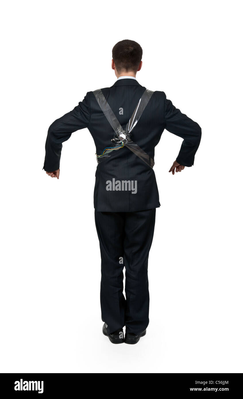 Imprenditore con una ventola del computer sul retro di imitare Karlsson Foto Stock