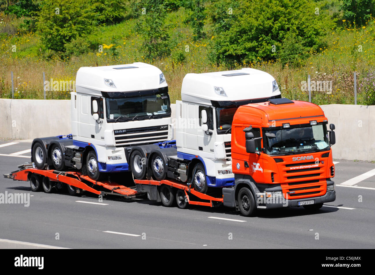 Società olandese De Rooy personalizzata in un veicolo di trasporto caricati con nuovi autocarri DAF Foto Stock
