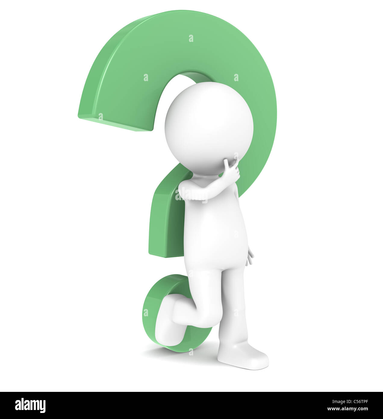 3d carattere umano appoggiato contro un punto interrogativo verde si Foto Stock