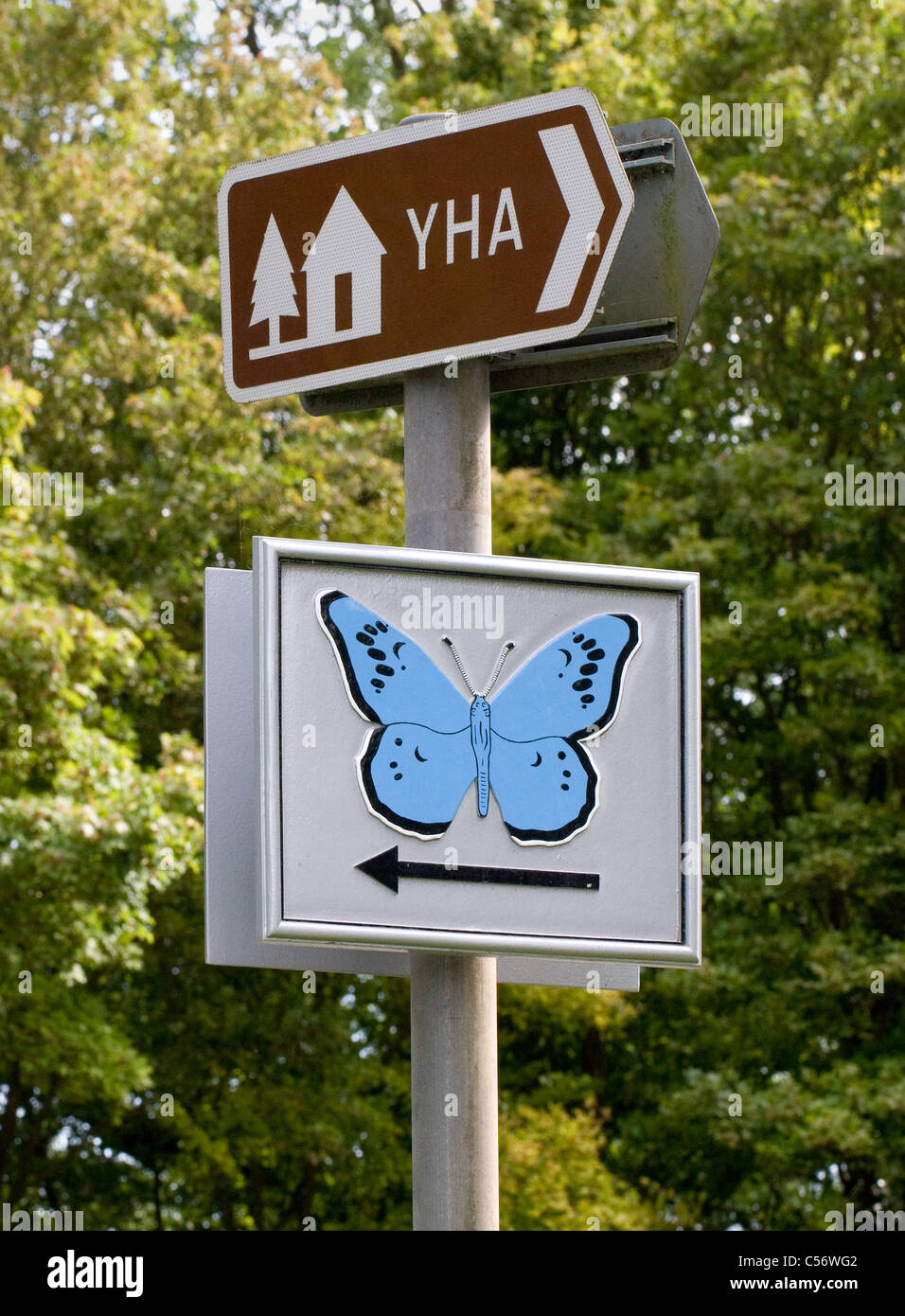 Cartello che indica il modo per Collard Hill grandi Blue Butterfly di riserva nel Polden Hills Somerset con ostello della gioventù nelle vicinanze Foto Stock