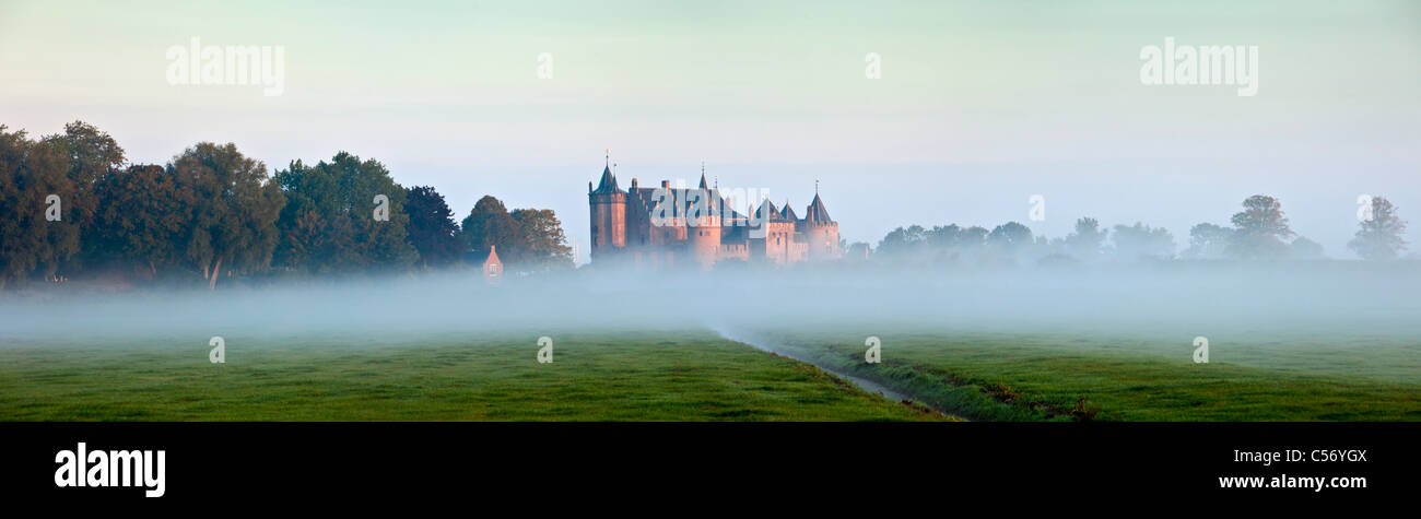 I Paesi Bassi, Muiden, chiamato castello di Muiderslot nella nebbia all'alba. Foto Stock