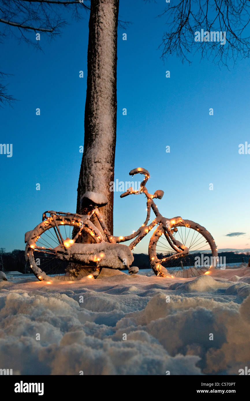 I Paesi Bassi, 's-Graveland, noleggio decorate con luci di Natale nella neve. All'alba. Foto Stock