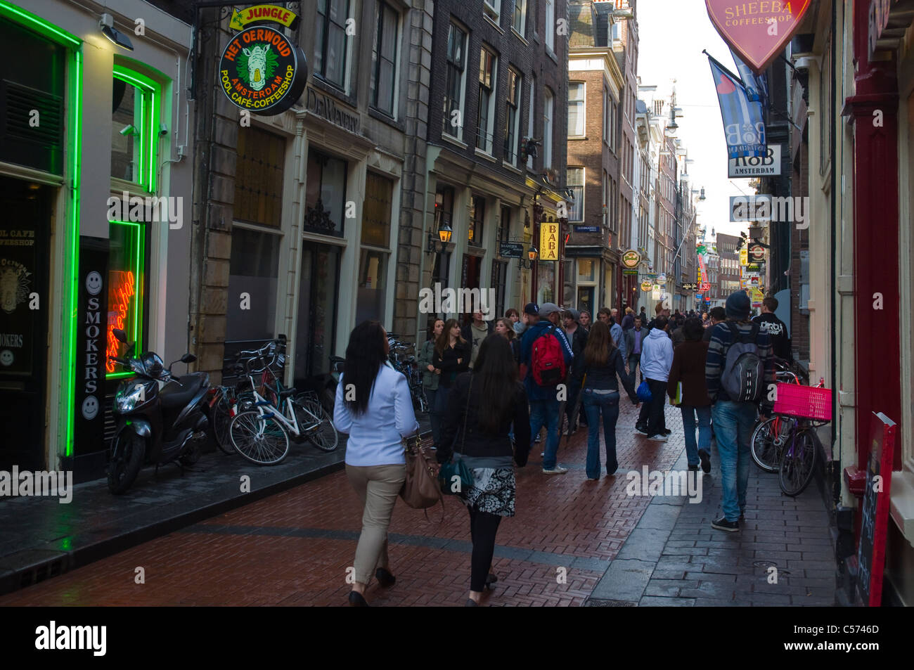 Warmoestraat Street nel cuore del quartiere a luci rosse di Amsterdam centrale dei Paesi Bassi in Europa Foto Stock