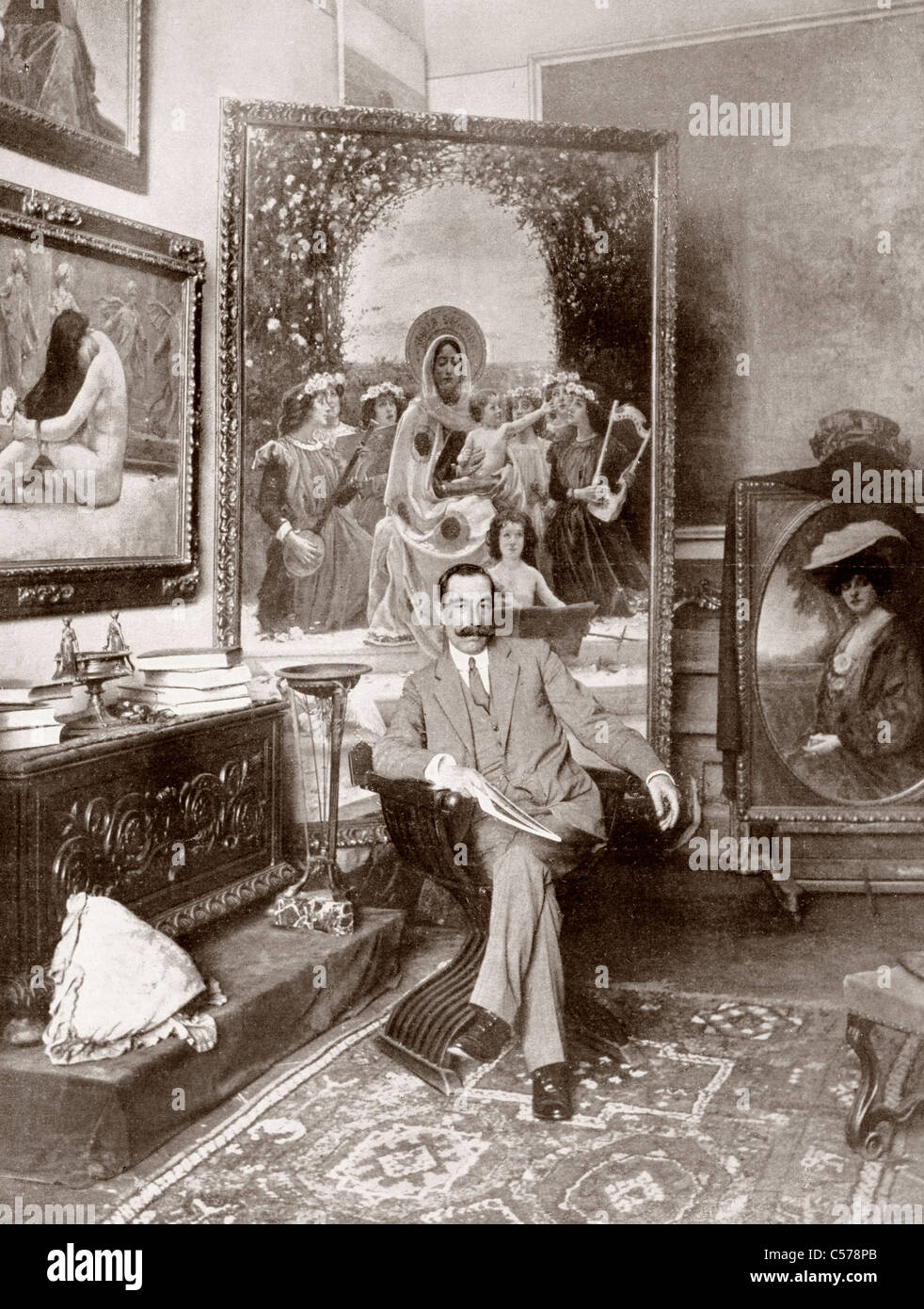 Pedro Sáenz Sáenz, 1863 - 1927. Fraternità Pre-Raphaelite pittore spagnolo, qui si vede nel suo studio di Malaga. Foto Stock