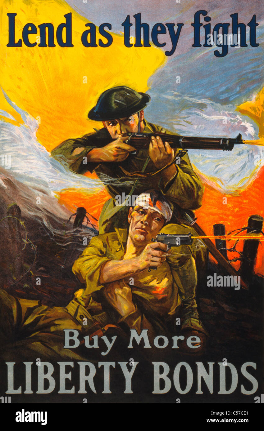 Prestare come essi lotta - Acquista più legami Liberty - USA WWI poster che mostra i soldati in battaglia, sparando con le proprie armi Foto Stock