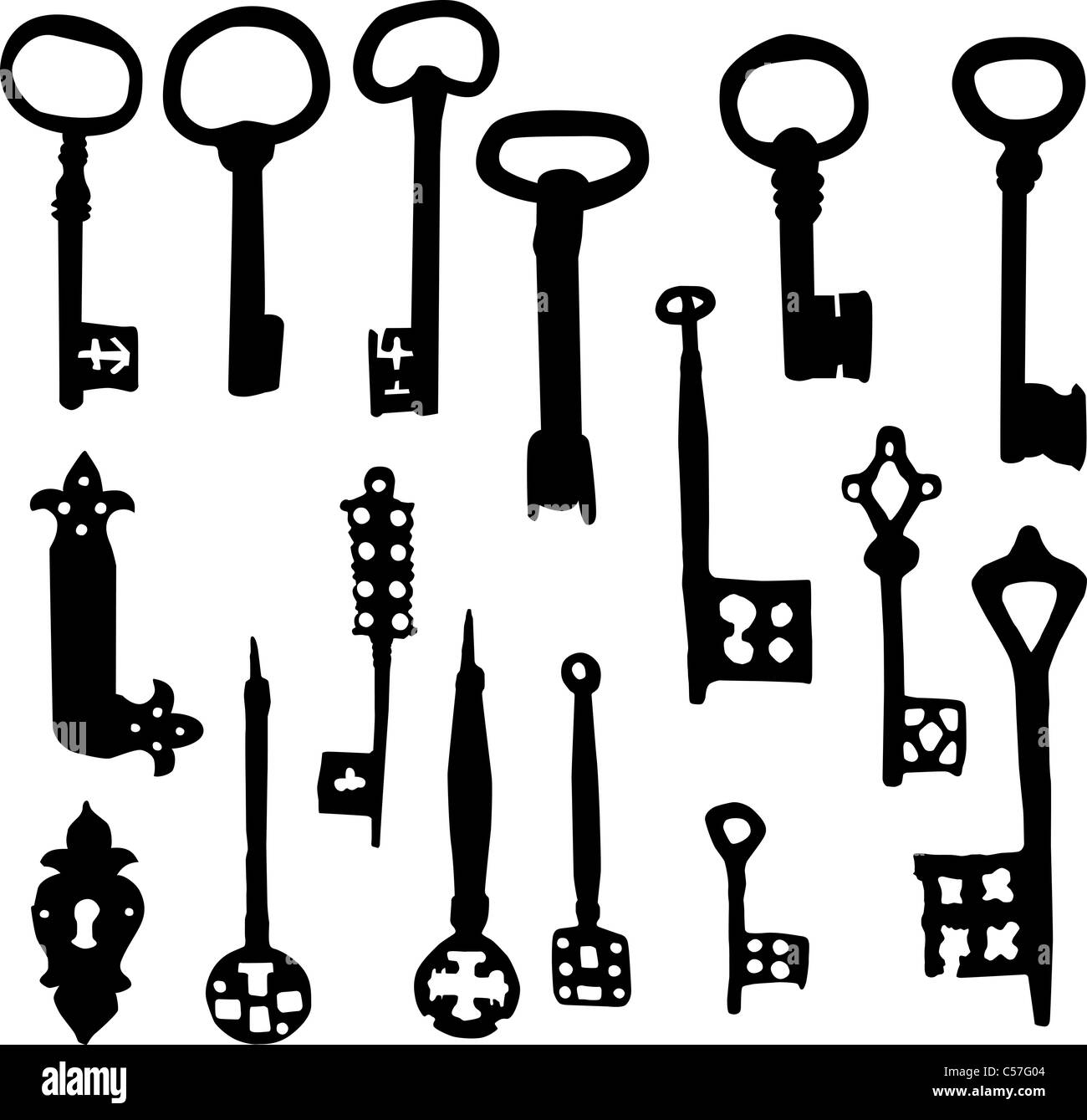 Set di vecchio stile chiave scheletro sagome vettoriali Foto Stock