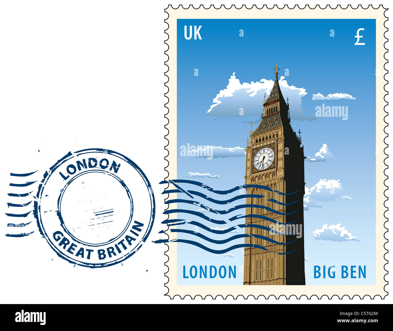 Annullo postale con vista notturna di Londra Big Ben tower Foto Stock