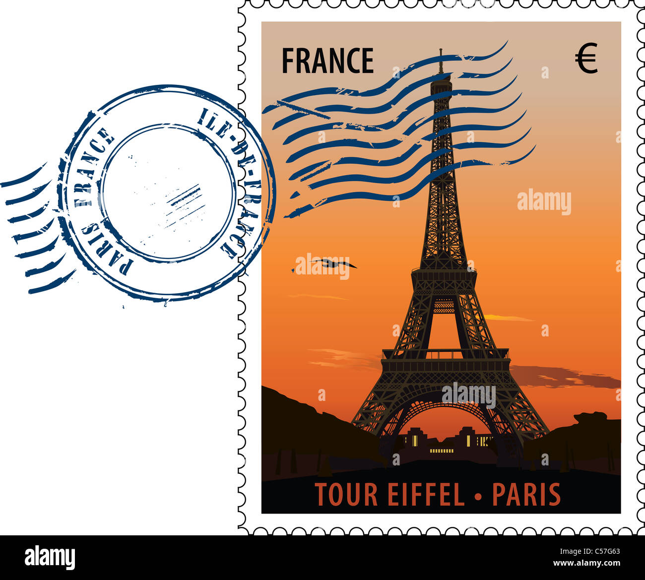 Il vettore farà fede il timbro postale con vista della torre eiffel al tramonto Foto Stock