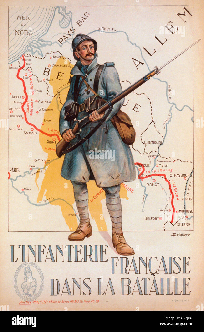 Il francese prima guerra mondiale il reclutamento di poster. L'Infanterie Francaise dans la Bataille, o fanteria francese in battaglia. Foto Stock