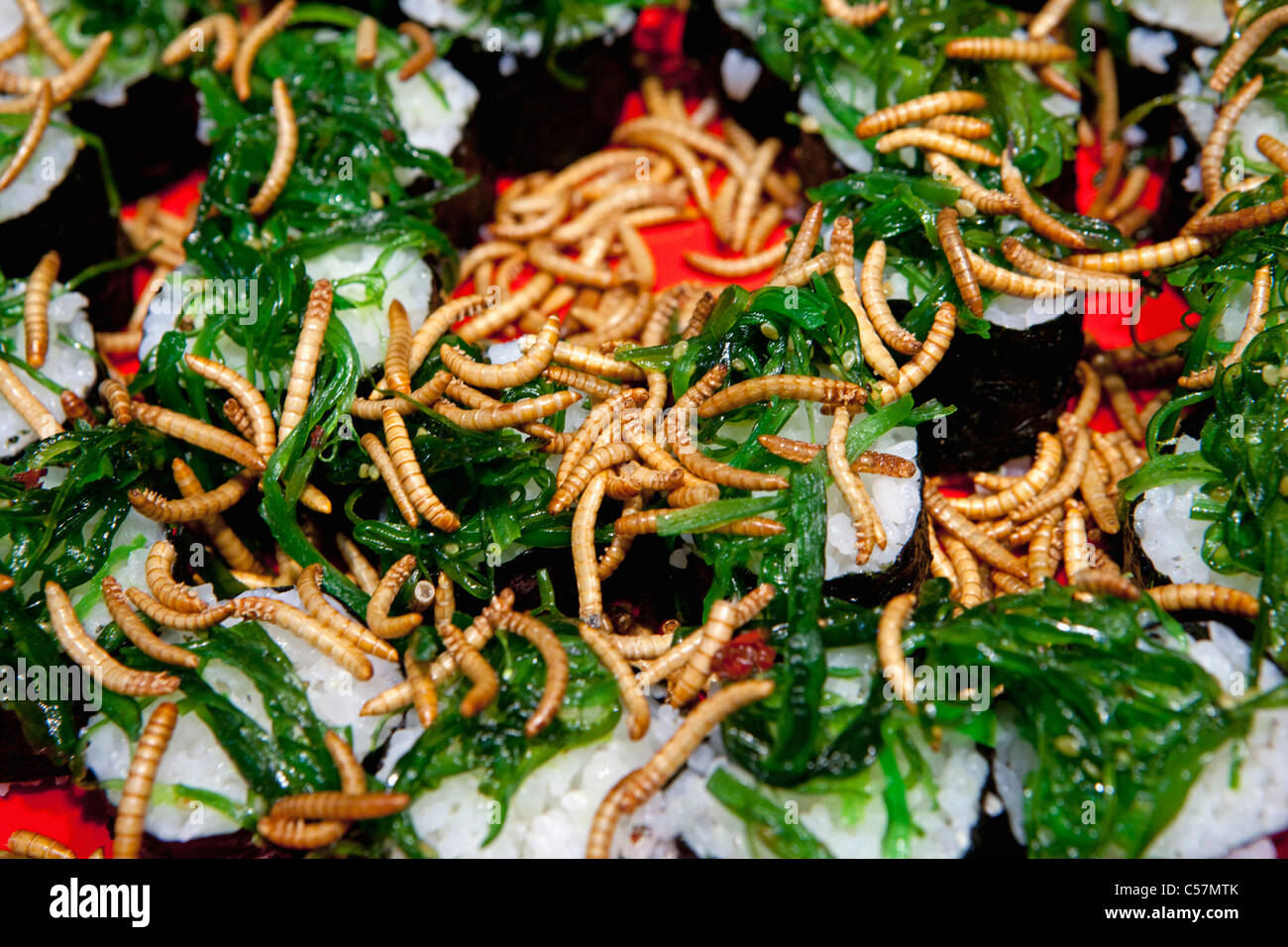 I Paesi Bassi Utrecht, fiera vacanziera denominata Vakantiebeurs, grigliate mealworms su sushi. Foto Stock