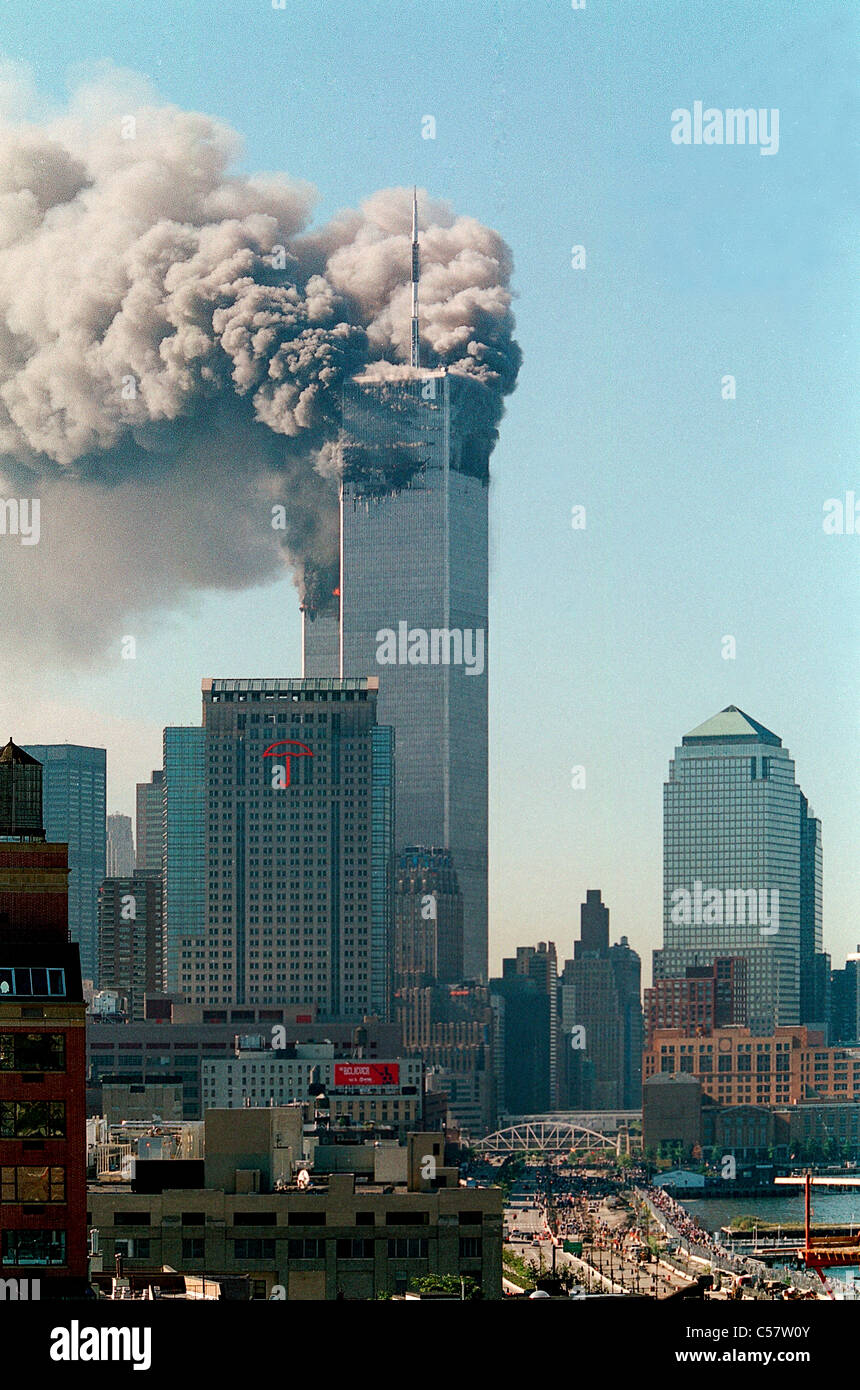 World Trade Center di New York City di attacco terroristico, Settembre 11, 2001. Foto Stock