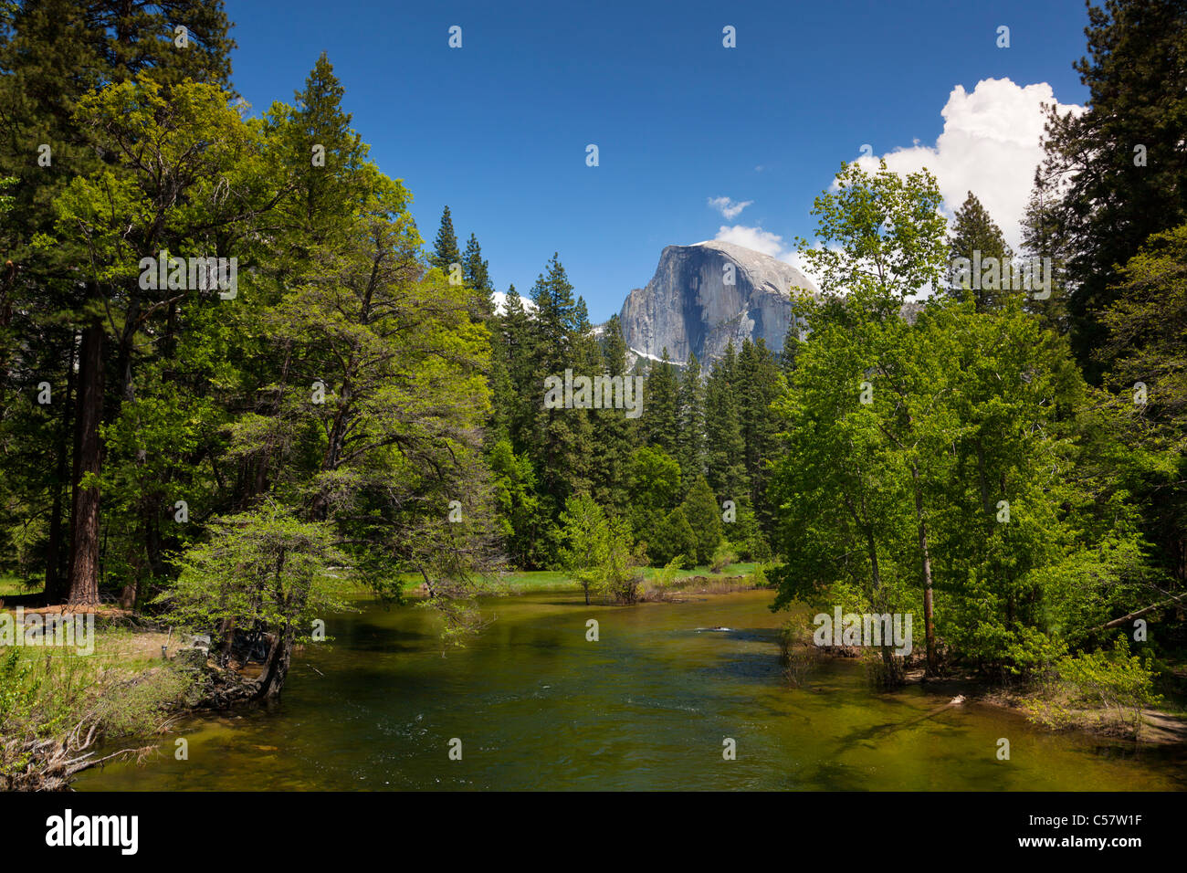 Parco nazionale di Yosemite mezza cupola con il fiume Merced che scorre attraverso la valle di Yosemite Yosemite National Park California usa Foto Stock