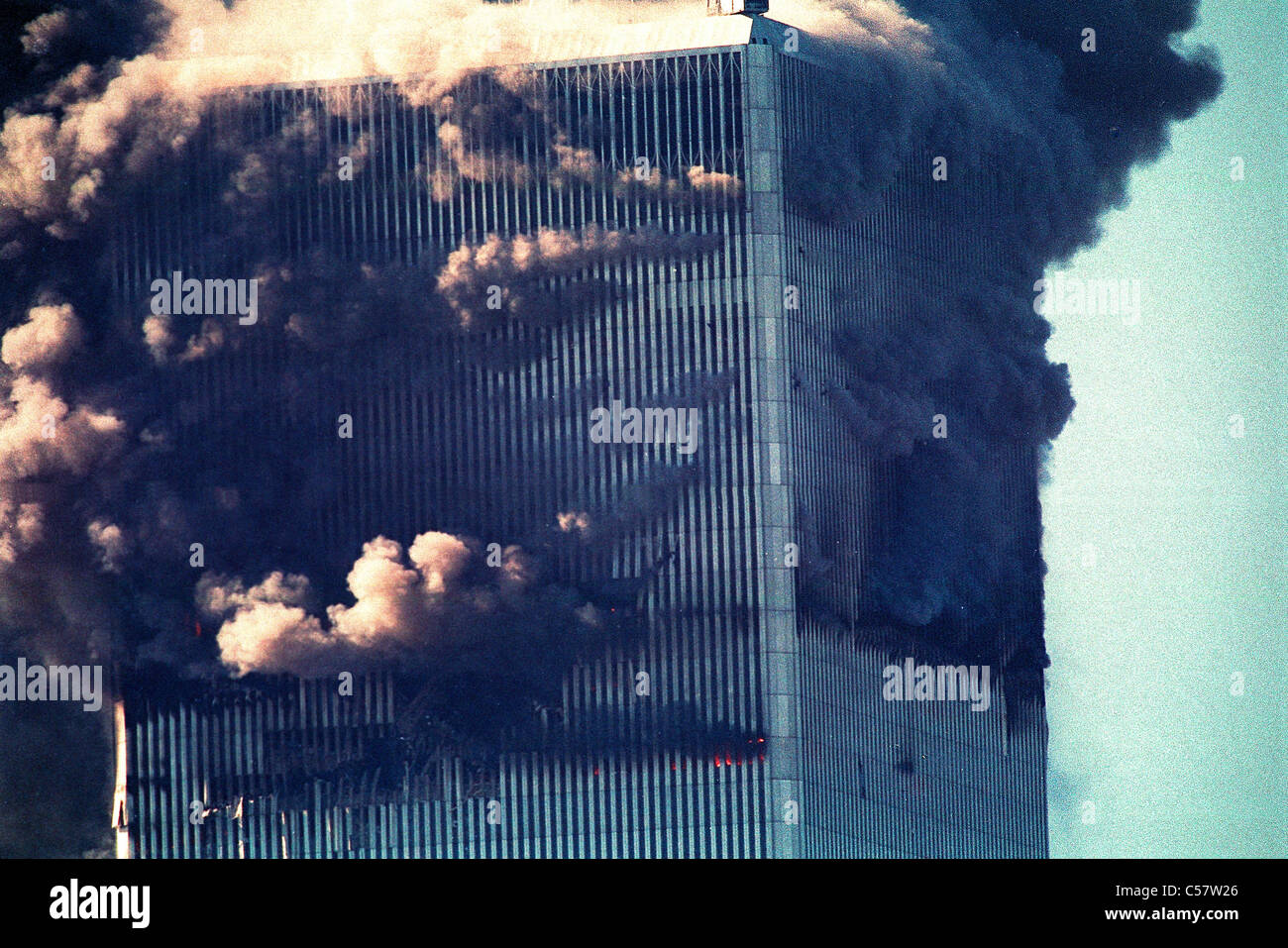World Trade Center di New York City di attacco terroristico, Settembre 11, 2001. Foto Stock