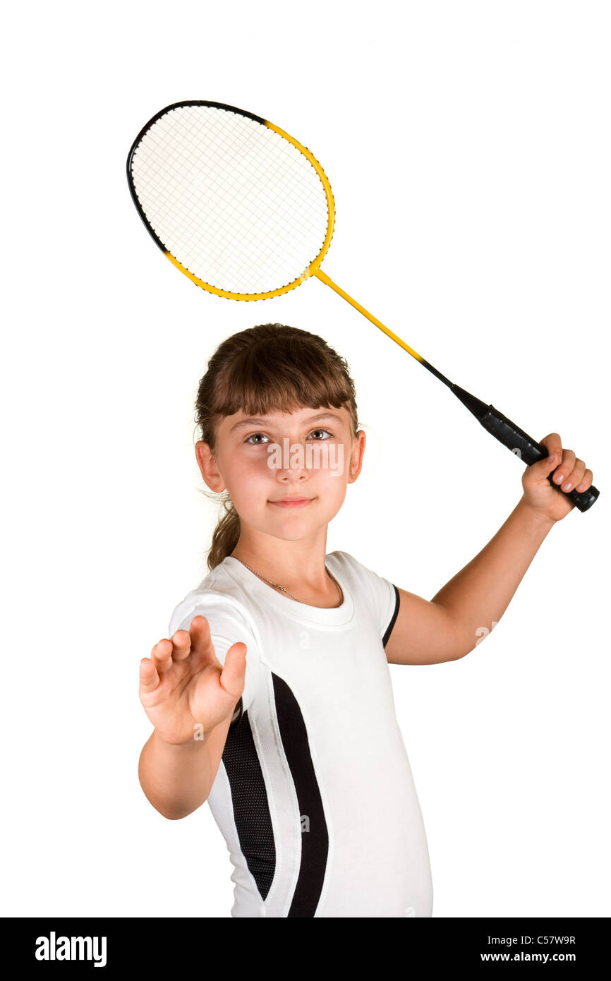 Ragazza con un campo di badminton racchetta su sfondo bianco Foto Stock