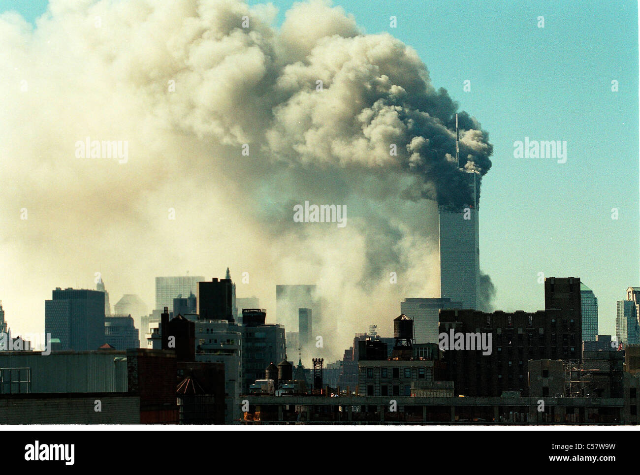 World Trade Center di New York City di attacco terroristico, Settembre 11, 2001. Foto Stock