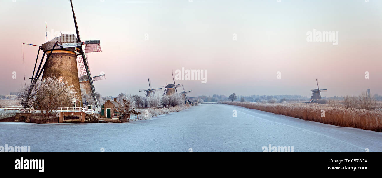 I Paesi Bassi, Kinderdijk, mulini a vento, Sito Patrimonio Mondiale dell'Unesco. L'inverno. Vista panoramica. Foto Stock