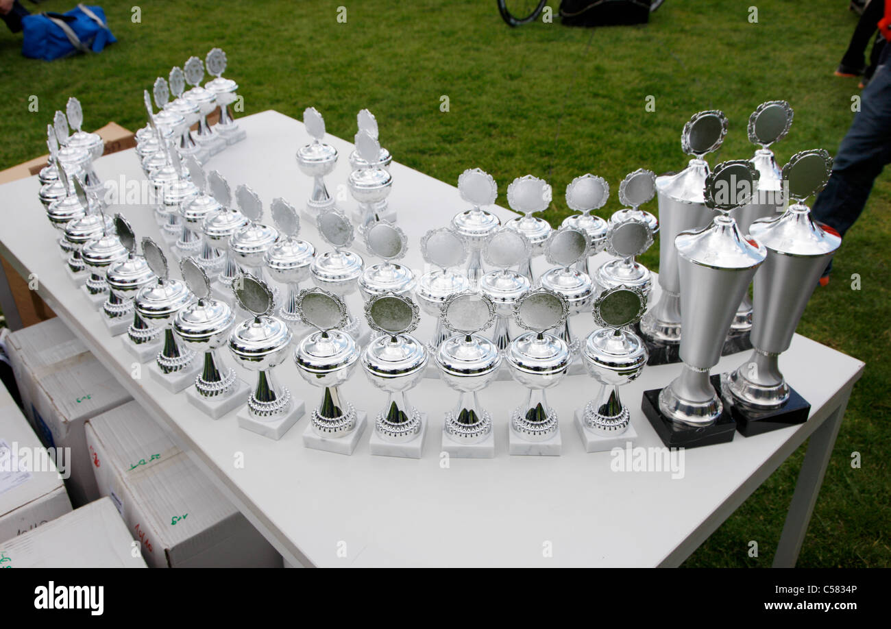 Coppe d'argento in attesa per i vincitori di una competizione sportiva. Foto Stock