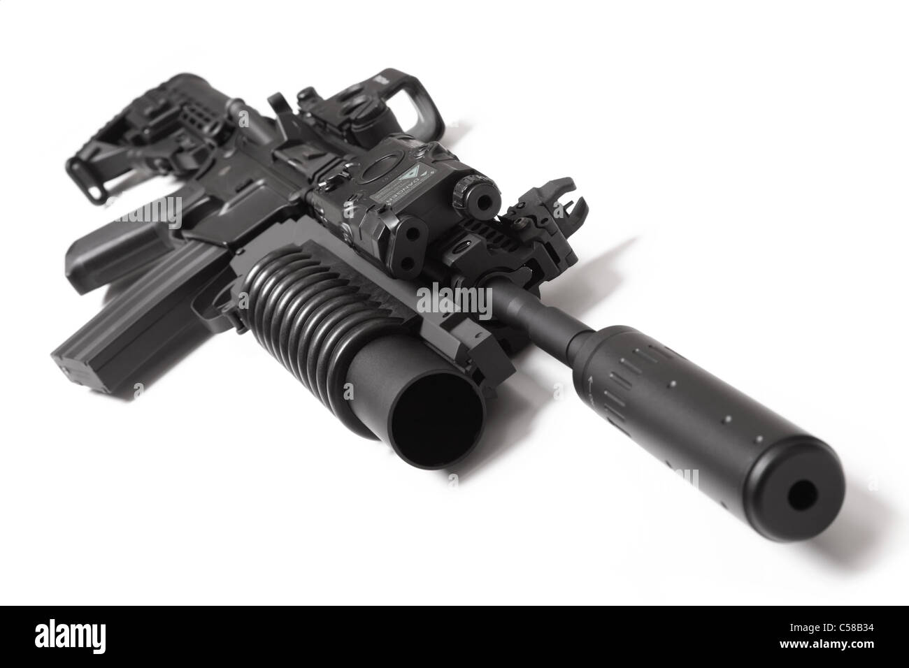 Noi Spec Ops M4A1 assault carbine con RIS/RAS, lanciagranate, vista olografico, ANPEQ e silenziatore (soppressore di suono) Foto Stock