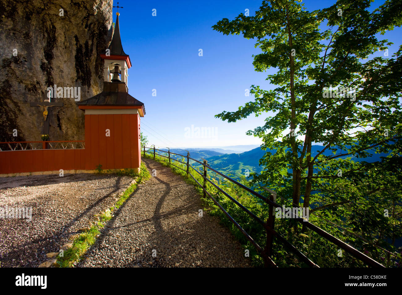 Wildkirchli, Svizzera, Europa, cantone di Appenzell Innerrhoden,., Alpstein, punto di vista, grotta, modo, cappella, la luce del mattino Foto Stock