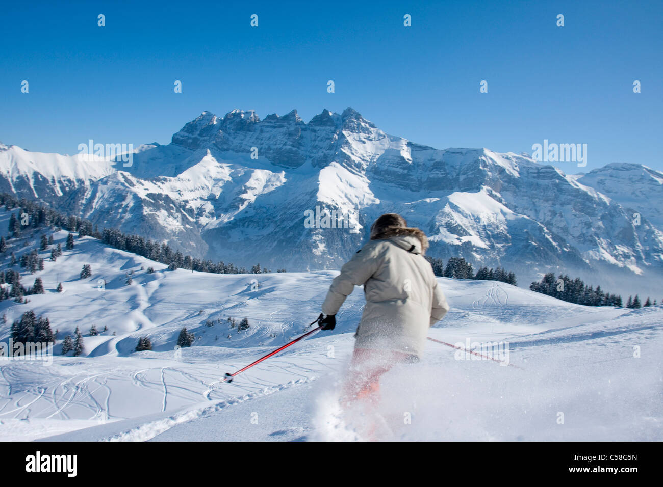 Dents du Midi, Morgins, Portes du Soleil, Svizzera Vallese, Alpi Winter, Montagne, sci Foto Stock
