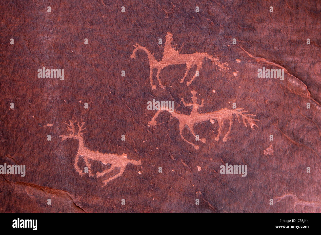 Esecuzione di antilope, Anasazi Indian, Petro glifo, Canyon Nord, Canyon del Muerto Canyon De Chelly monumento nazionale, Arizona, USA Foto Stock