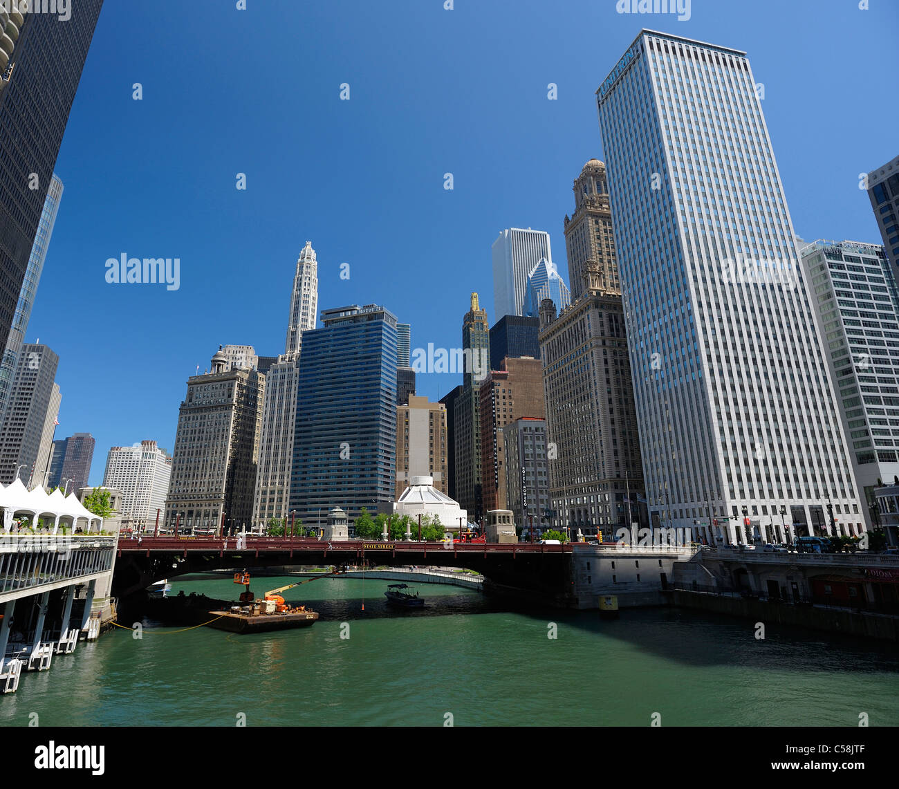 Tour in Barca, sul Fiume di Chicago, Chicago, Illinois, Stati Uniti d'America, Stati Uniti, America, città skyline, edifici, Fiume Foto Stock