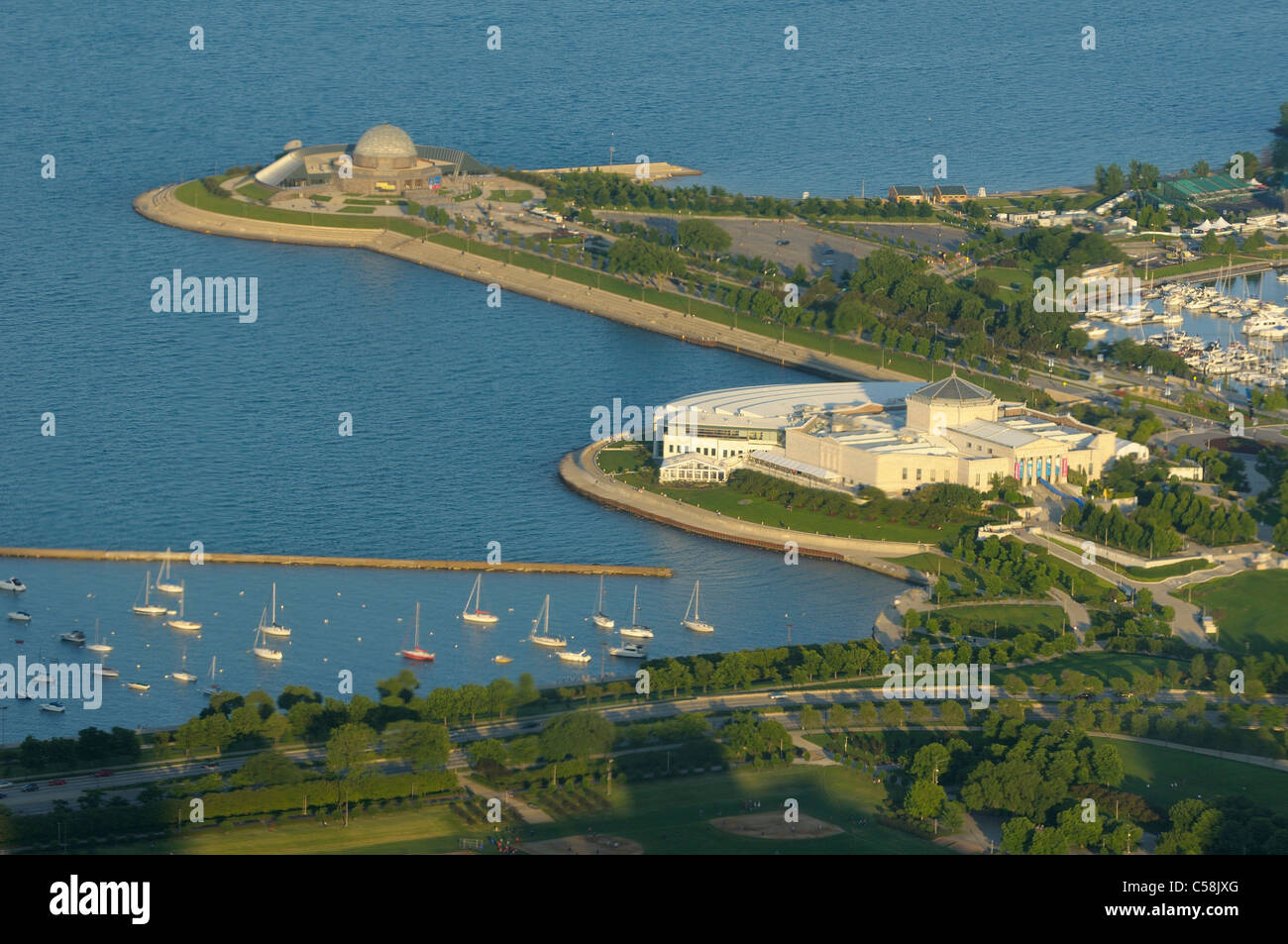 Chicago dal di sopra, da Willis Tower, Chicago, Illinois, Stati Uniti d'America, Stati Uniti, America, il lago Michigan, parco Foto Stock