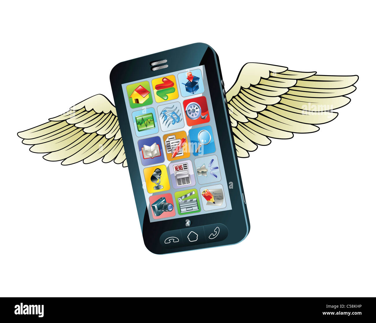 Una illustrazione di una nuova smart telefono cellulare volare con ali Foto Stock