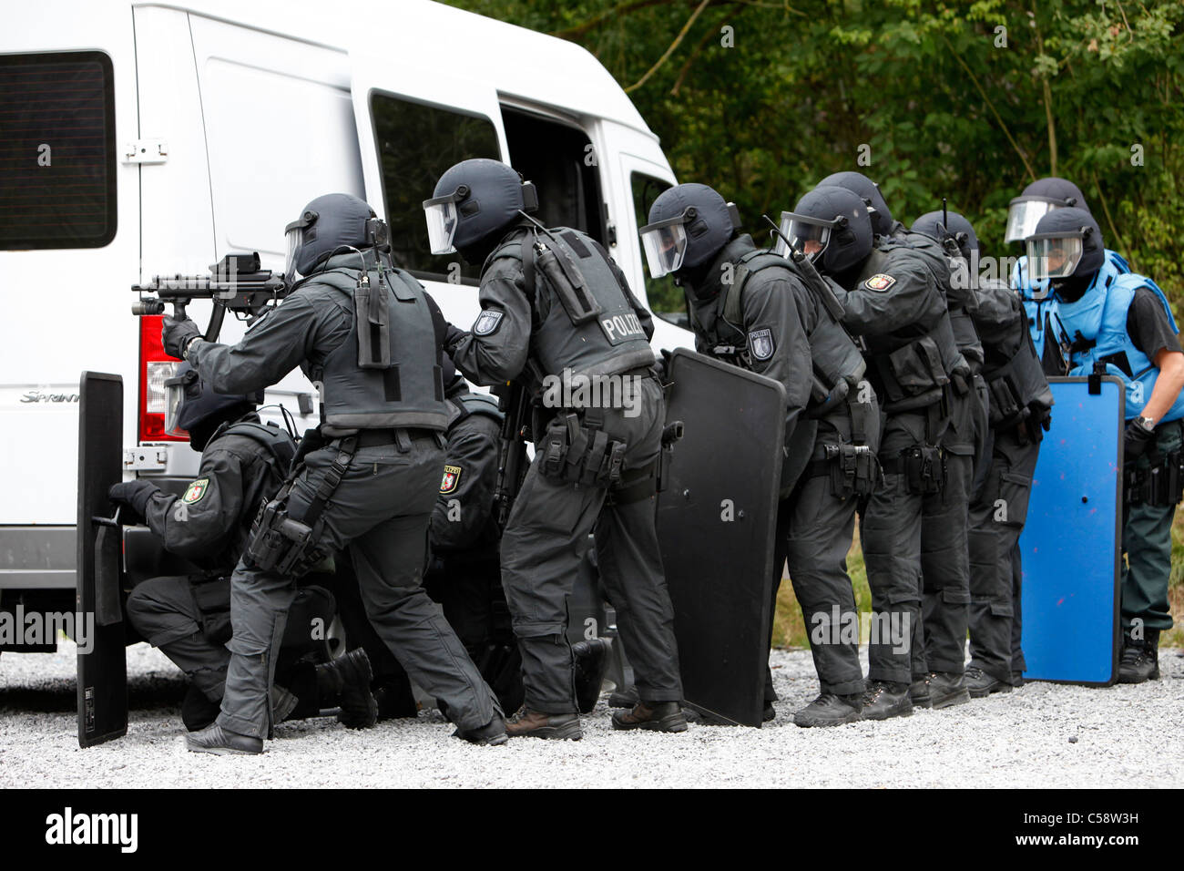 Area formazione della polizia tedesca squadre SWAT. Hostage Rescue e altre unità speciali di polizia esercitare forze di centro. Germania. Foto Stock
