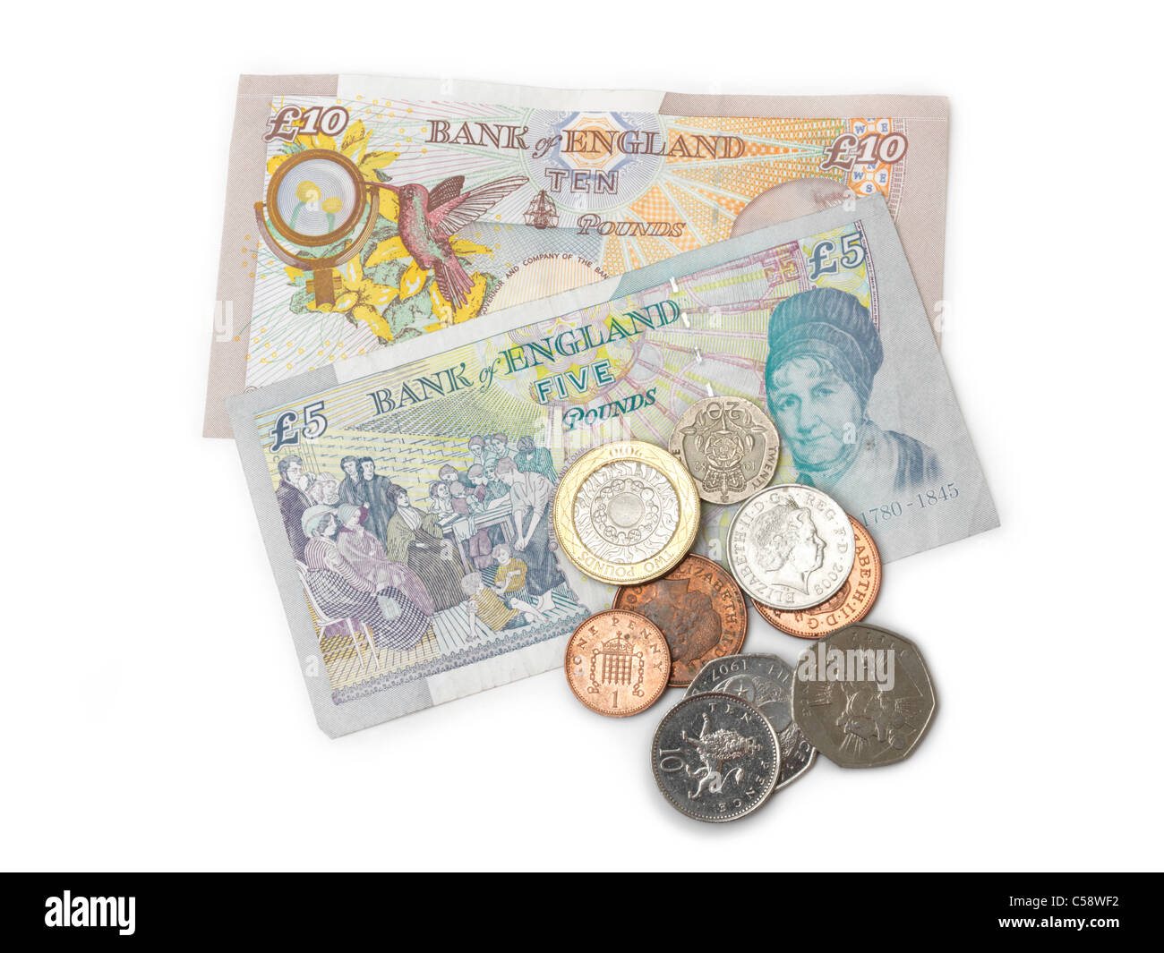 La valuta inglese - £10 nota, £5 nota, £2 moneta, 50 pence, 20 pence, 10 pence, 2 pence, 1 pence Foto Stock