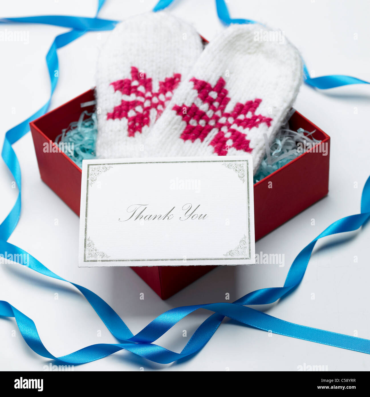 Close-up di biglietto di ringraziamento in confezione regalo Foto Stock
