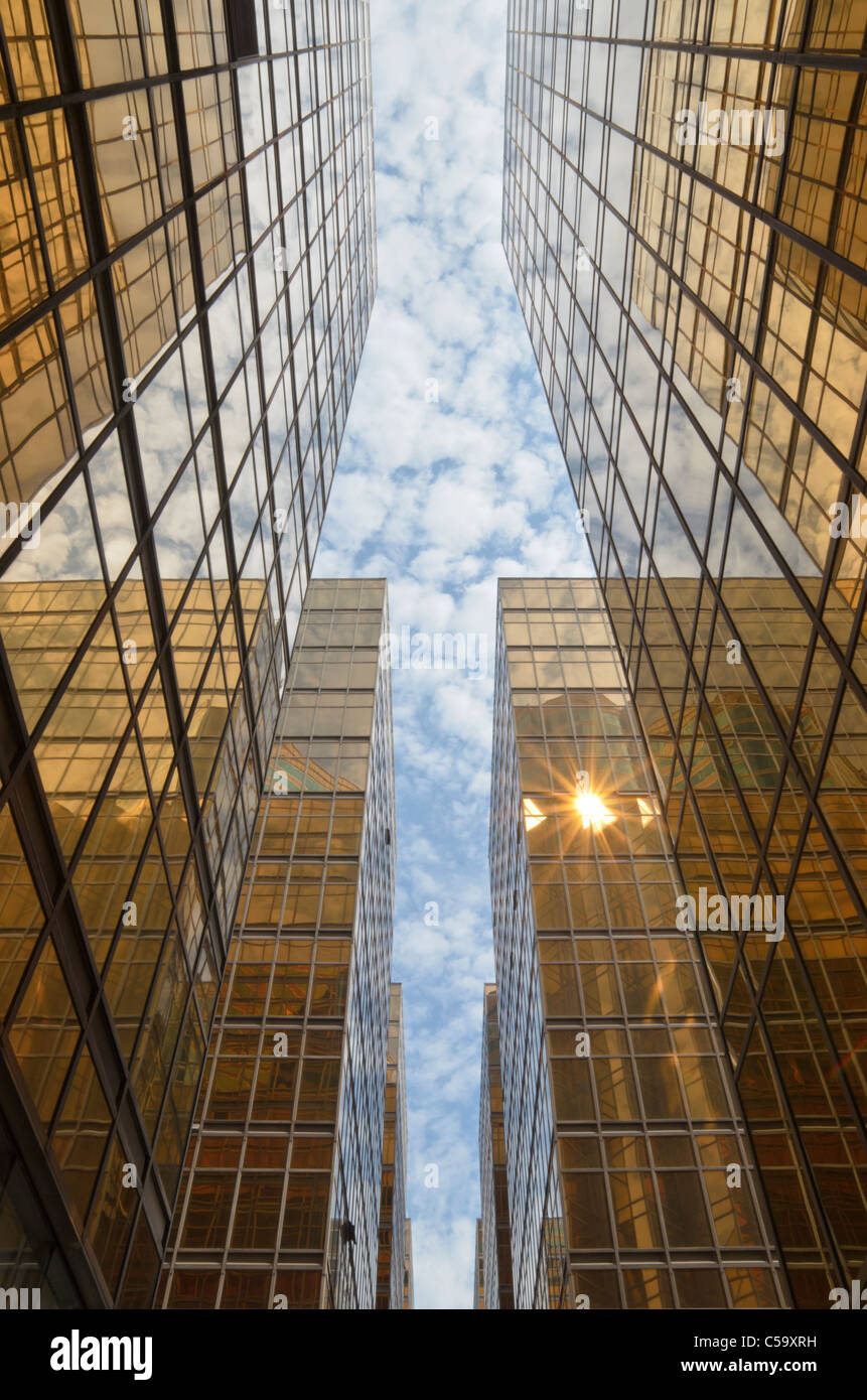Sun la riflessione sul golden tower blocchi della Cina Hong Kong City complex Foto Stock
