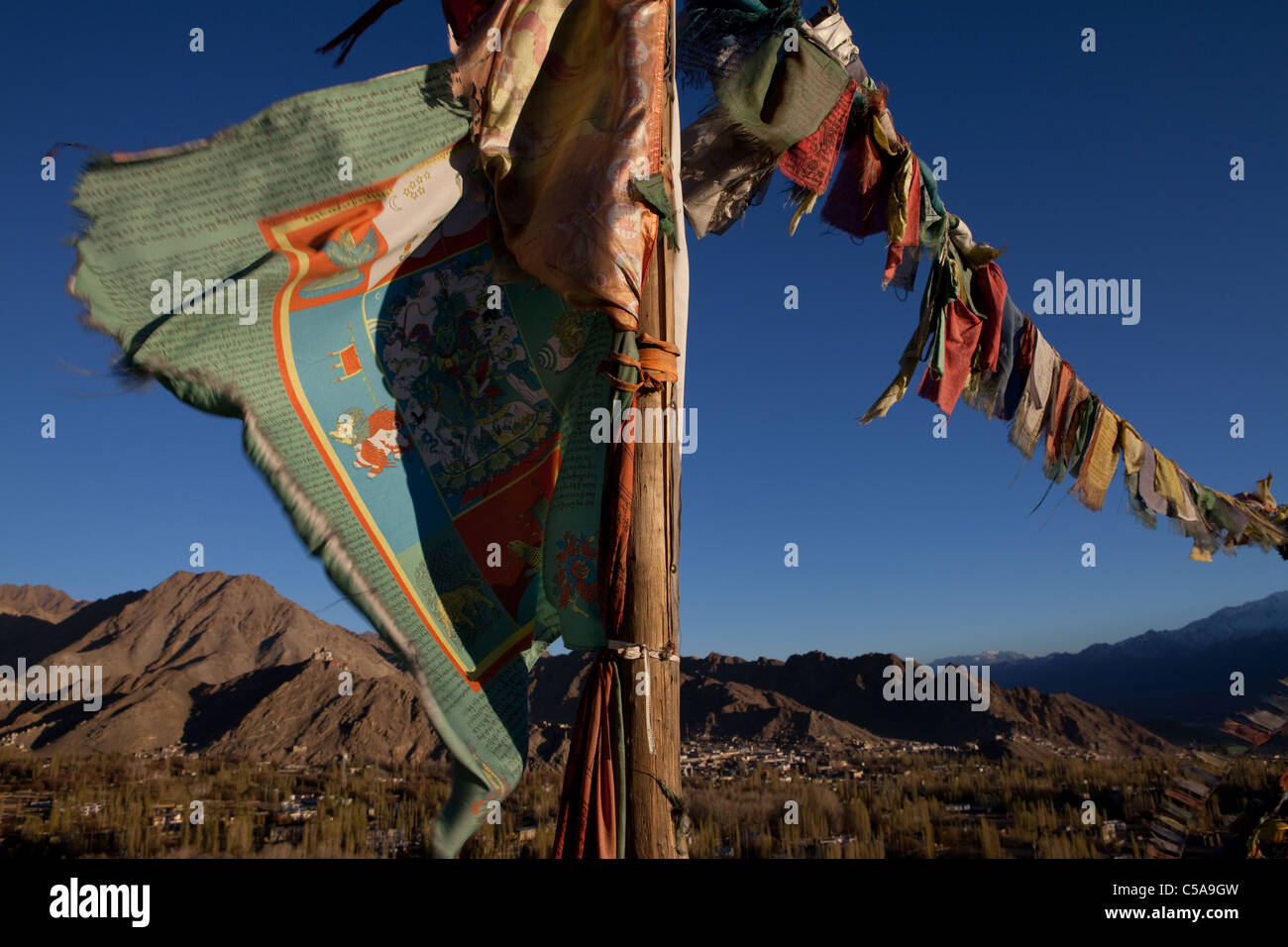 La preghiera buddista bandiere appendere su Shanti Stupa in Changspa, Leh. Foto Stock