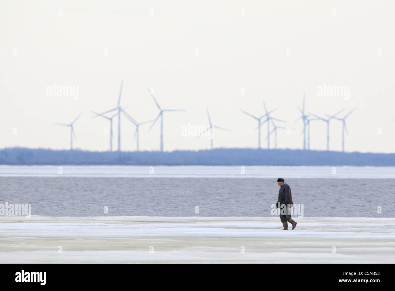 Fisherman e delle turbine a vento. Matsalu National Park, Estonia, Europa Foto Stock