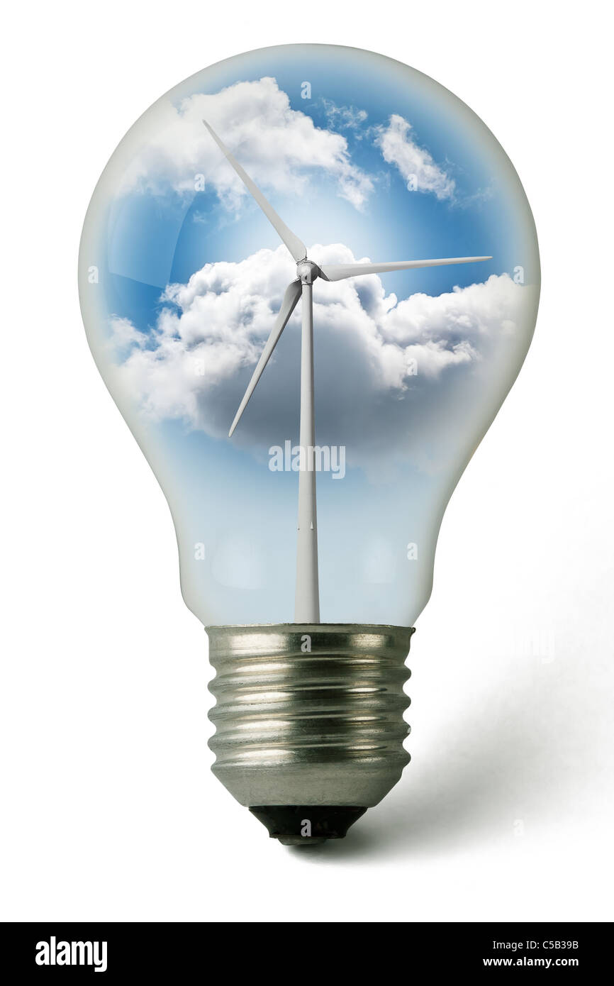 Lampadina usata con elettricità pulita dal vento Foto Stock
