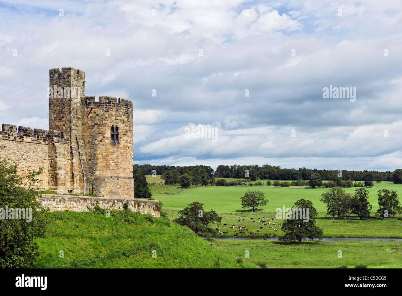 Alnwick Castle (utilizzato come location per la scuola di Hogwarts in Harry Potter films), Alnwick, Northumberland, North East England, Regno Unito Foto Stock