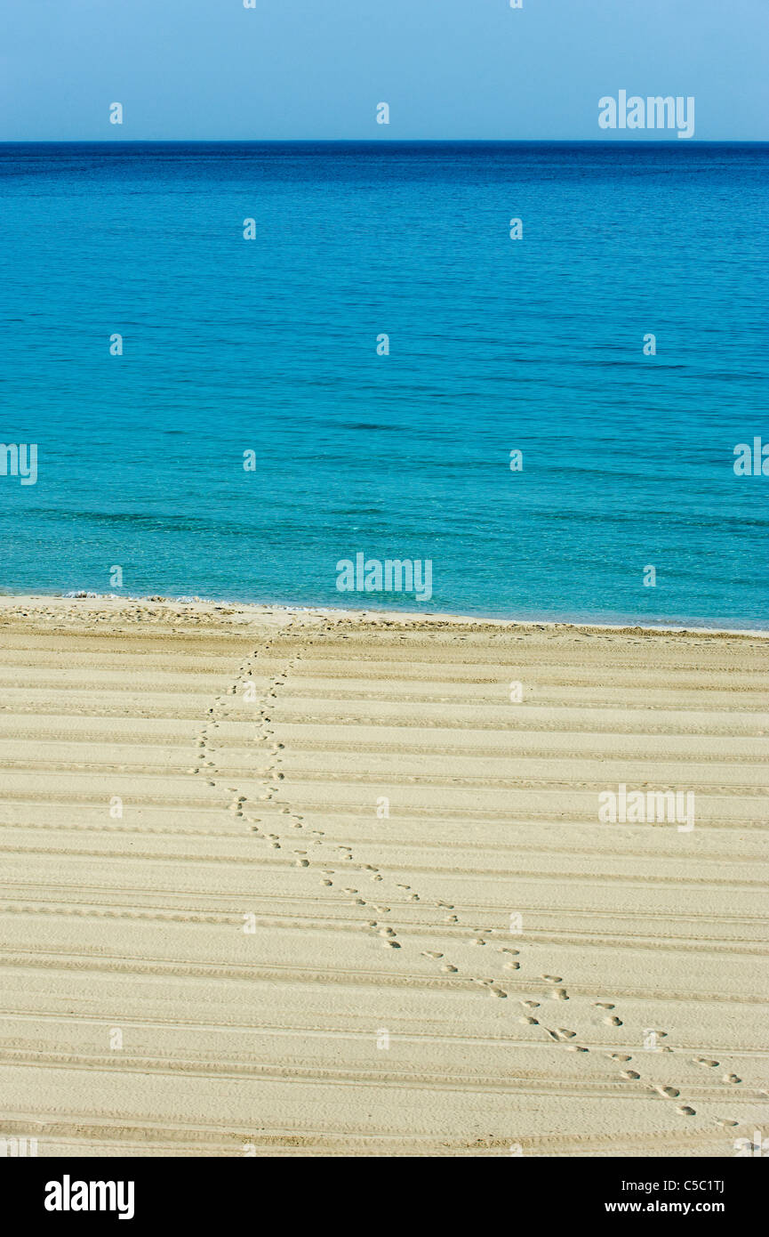 Vista della riva sabbiosa con blu mare increspato in spiaggia Foto Stock