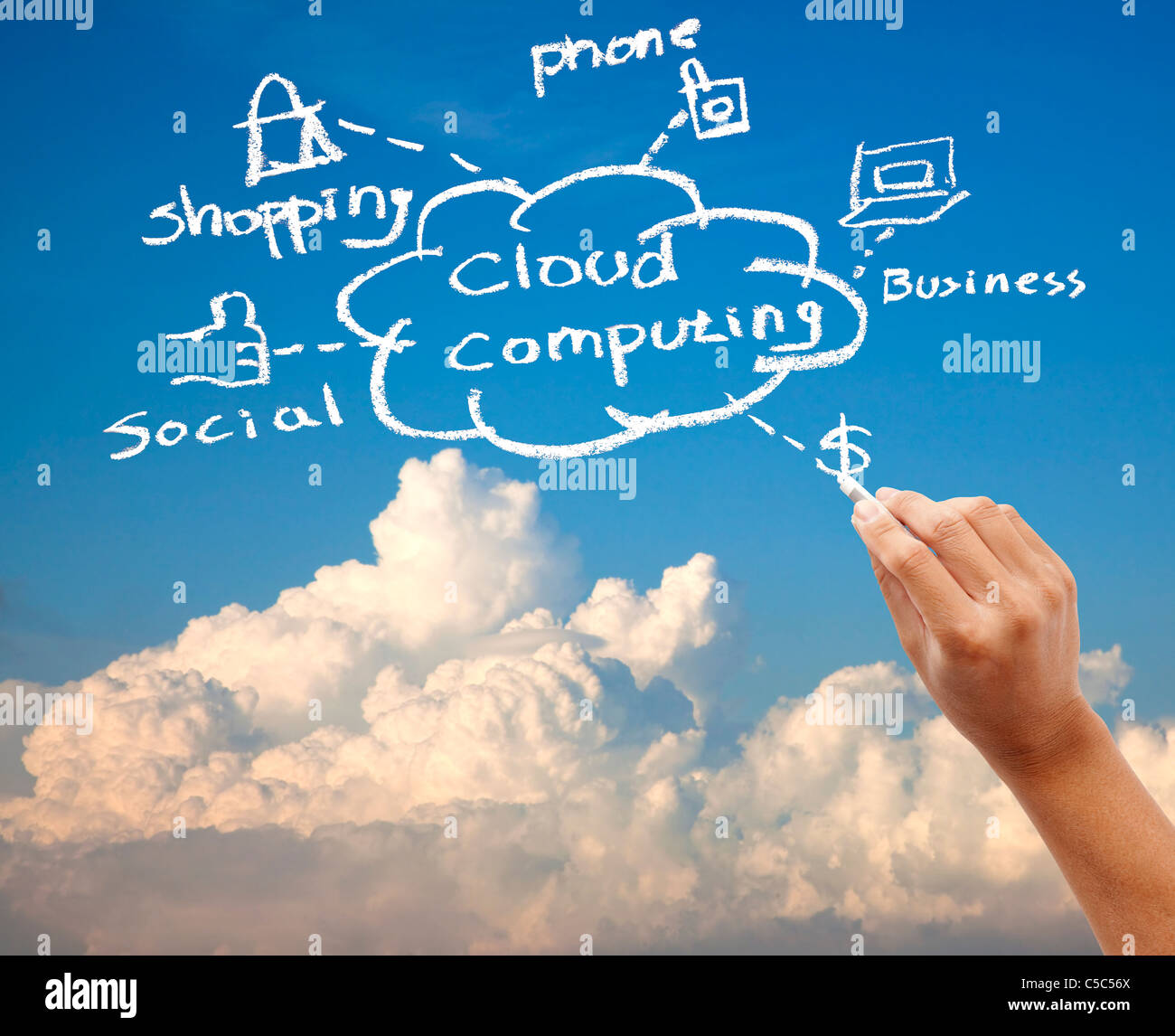 Disegno a mano il cloud computing concetto e schema di applicazione sul cielo blu Foto Stock