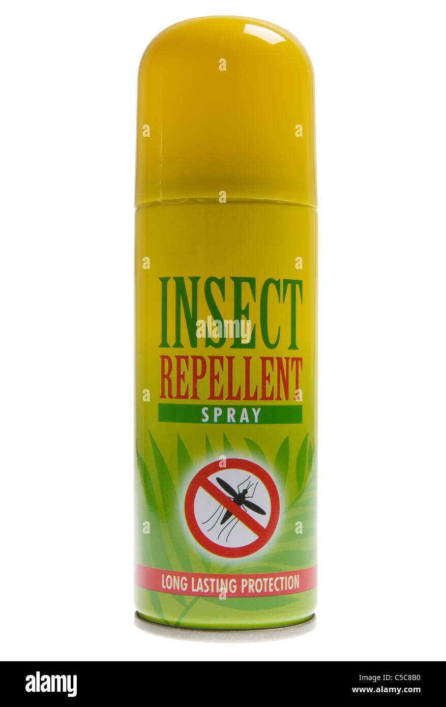 Bomboletta ad aerosol di repellente per insetti spray su sfondo bianco Foto Stock