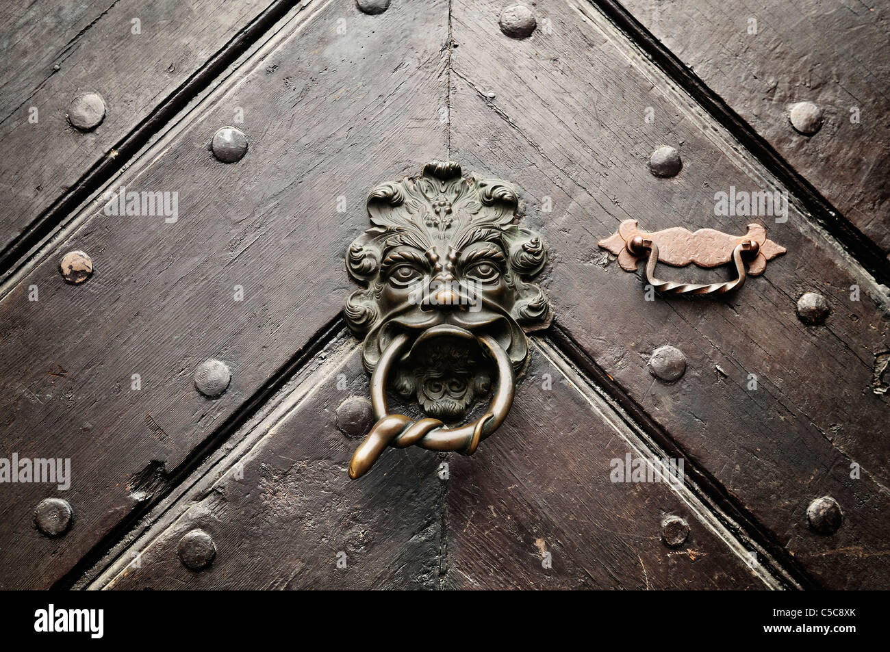 Una porta di lion respingente con un serpente anello encoiled nella sua bocca sulla antica porta a Bamberg in Germania. Foto Stock