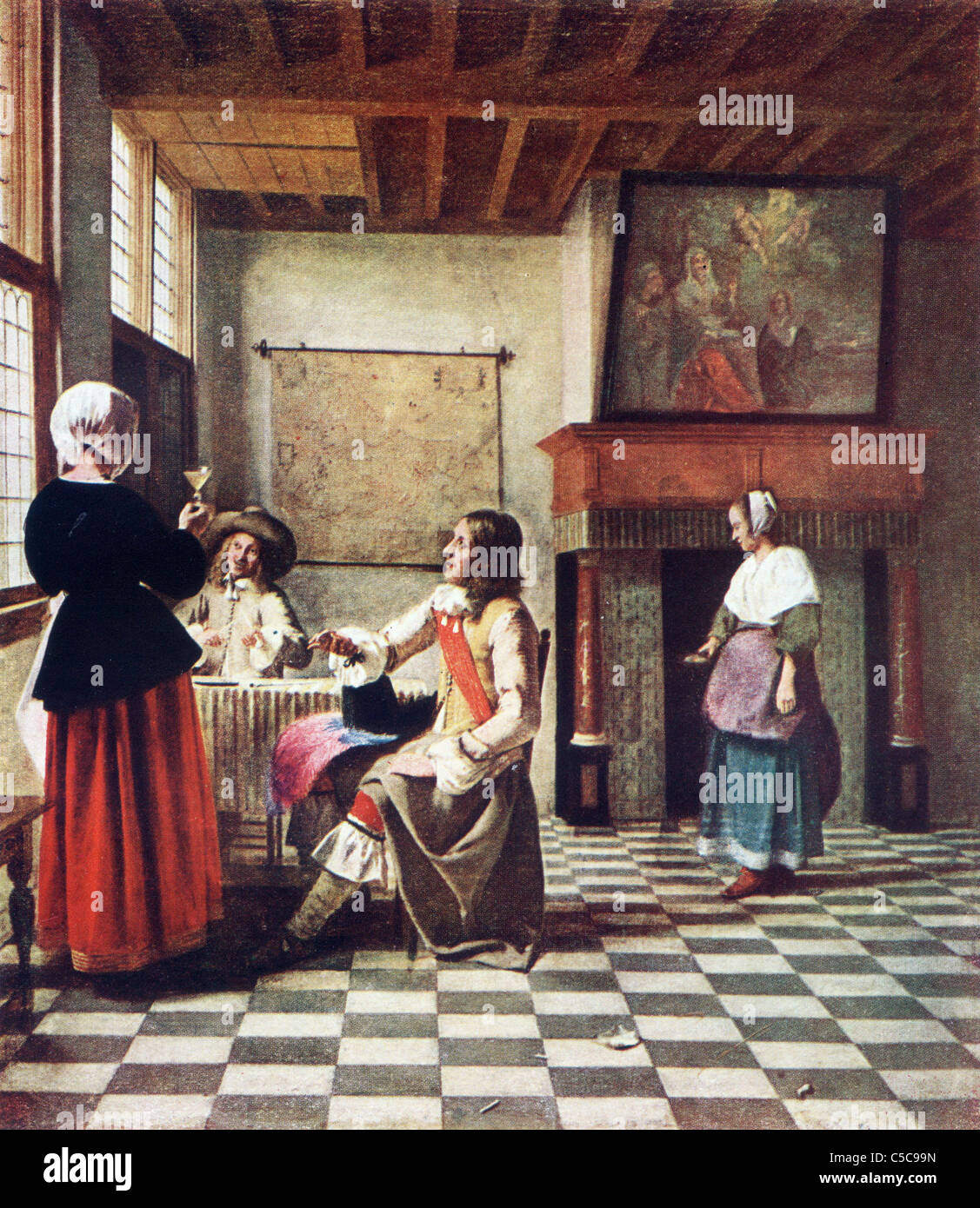 La pittura di Pieter De Hooch, fine scuola olandese; 'interno di una casa olandese', olio su tela Foto Stock