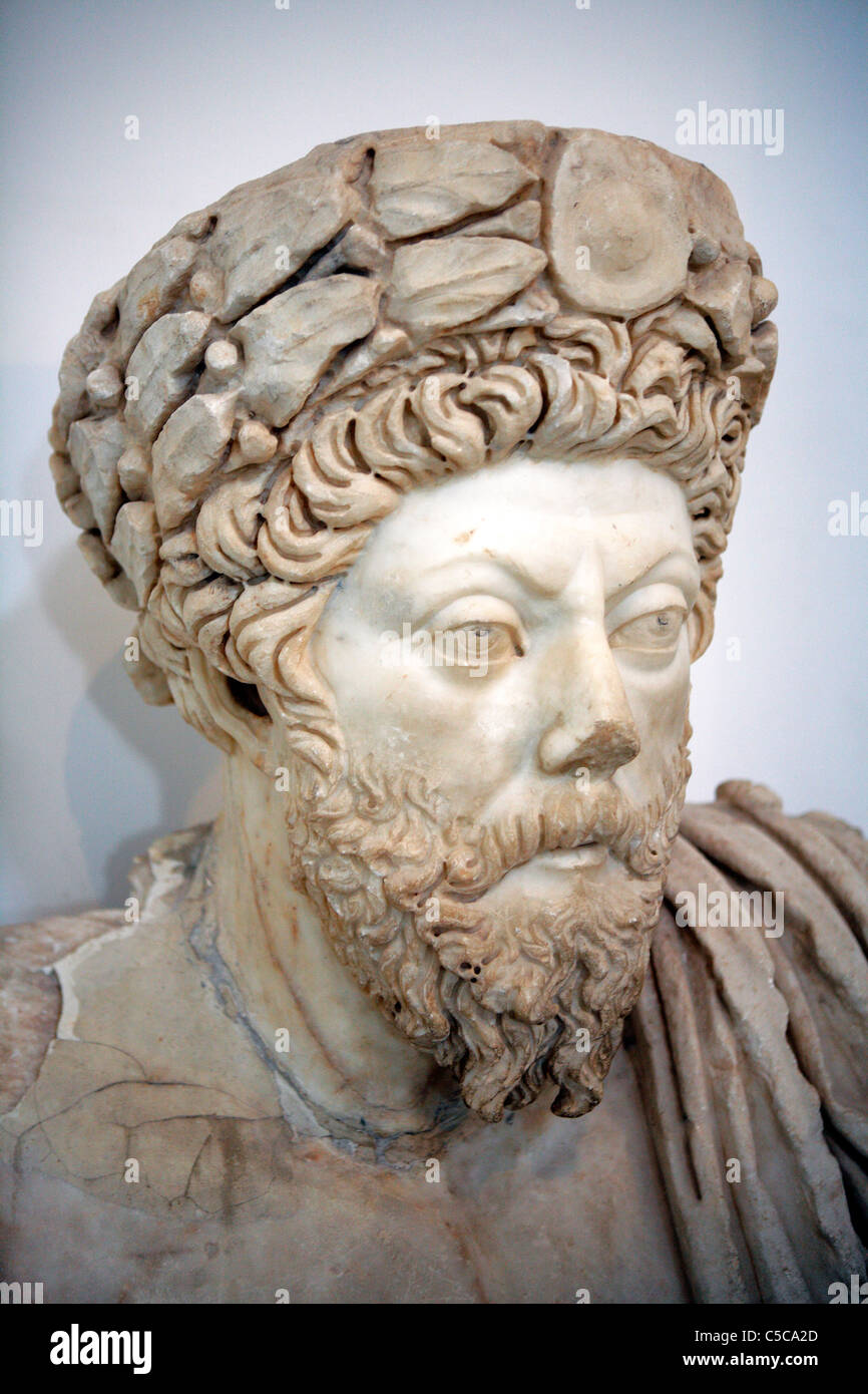 Ritratto in marmo dell'Imperatore Marco Aurelio, il Museo di Bardo, Tunisia Foto Stock
