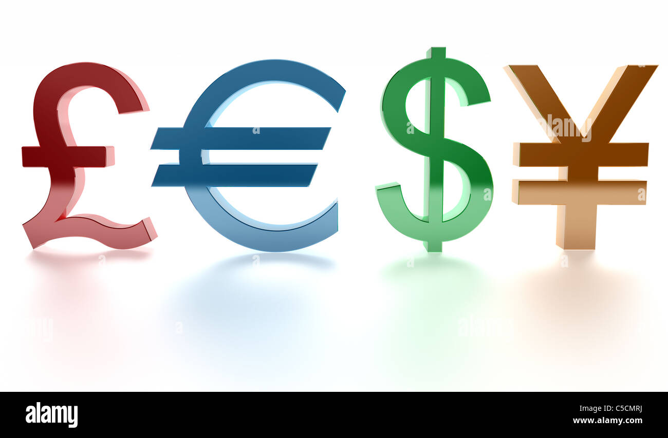 Sterlina, euro, dollaro, yen. Segni. 3d Foto Stock